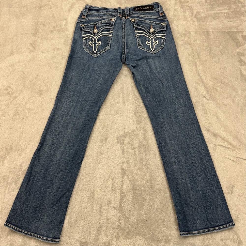Rock Revival Boot Jeans Womens 31 Blue Low Rise Stretch Stephanie Fleur De Lis